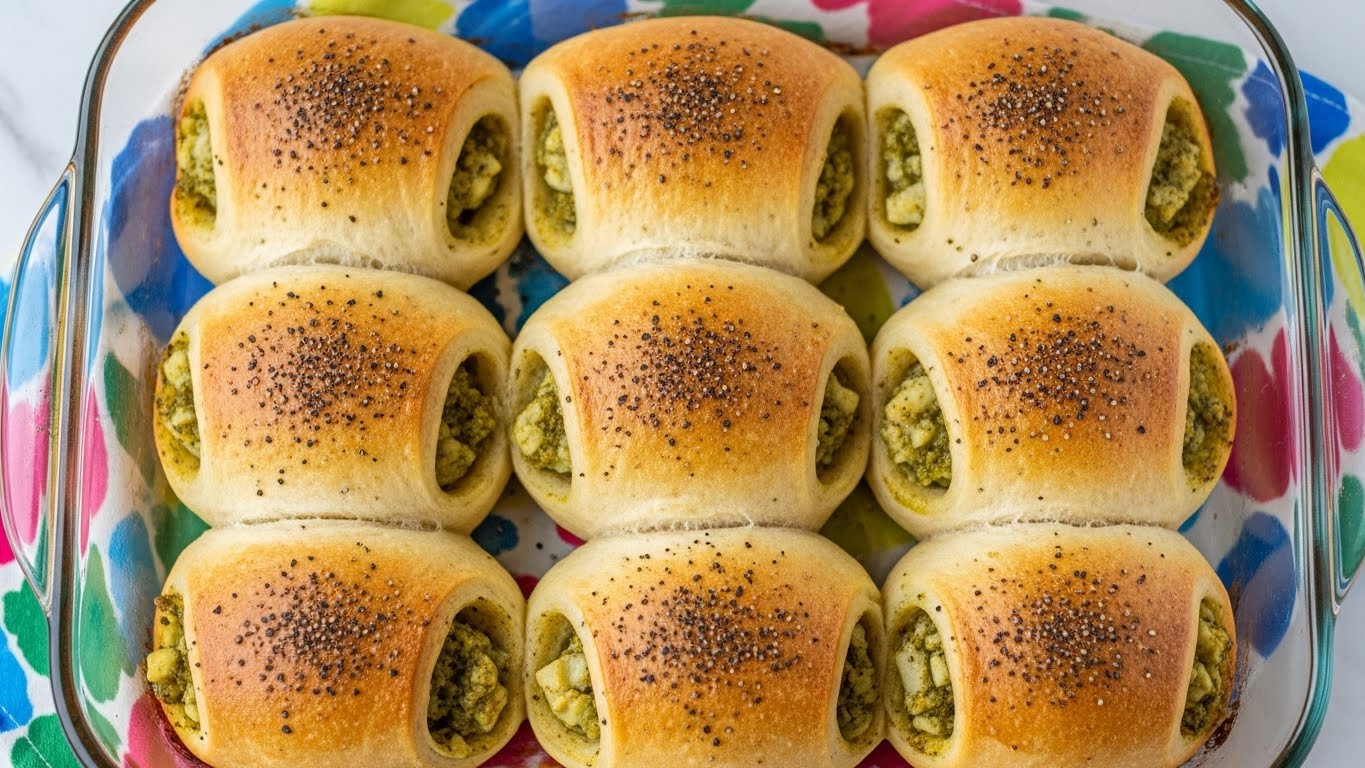 Eight golden-brown crescent rolls with a slightly uneven texture and black pepper sprinkled on top are arranged closely in a clear glass baking dish, showing hints of filling leaking from some edges. The rolls have a soft but slightly crispy surface with light browning on top, contrasting with darker filling peeking out. The baking dish sits on a colorful fabric with blue, pink, green, and yellow abstract patterns, but the surface underneath is to be imagined as white marbled texture. Photo taken with an iphone --ar 4:5 --v 7