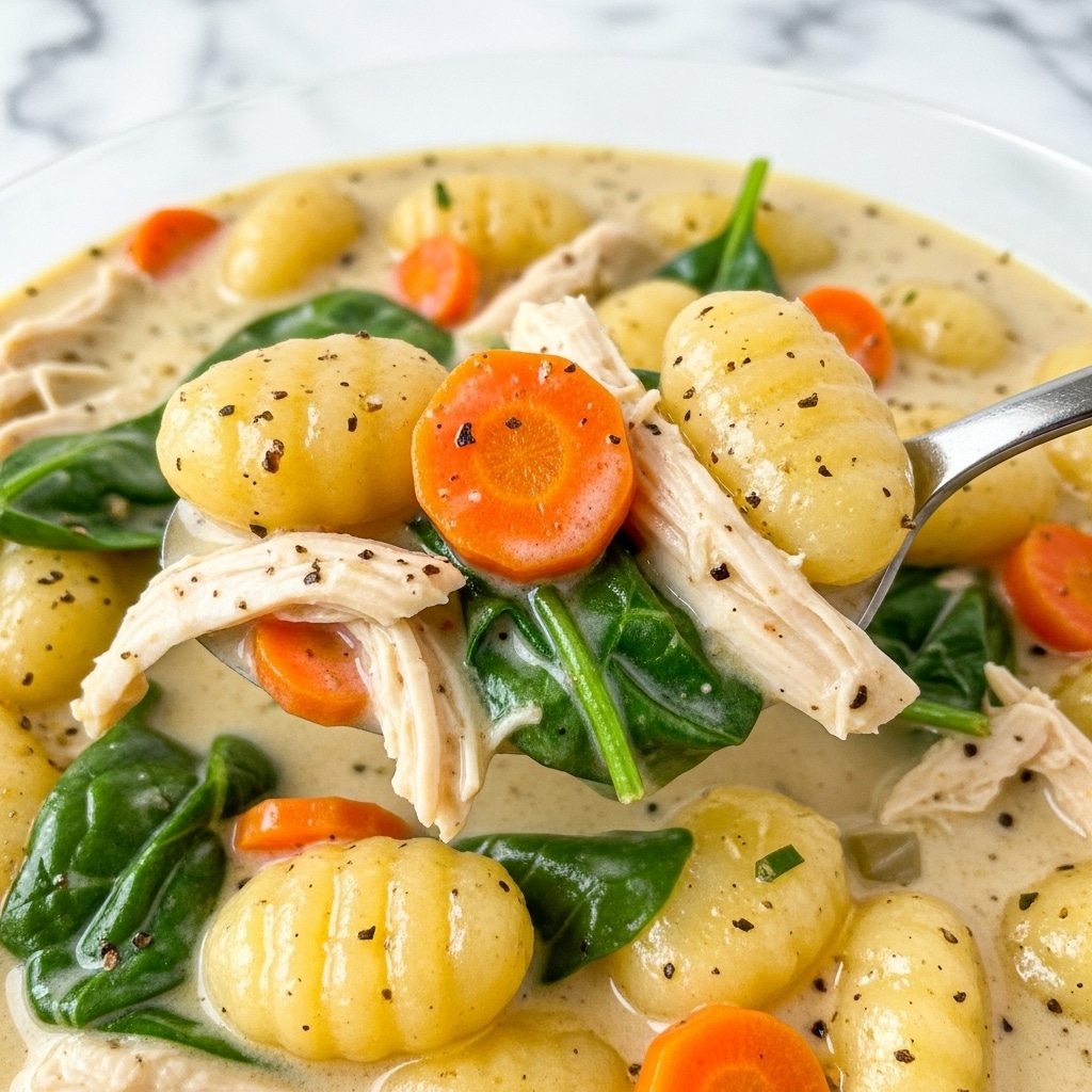 A close-up view of a thick creamy soup showing soft, light golden gnocchi pieces as the main layer, mixed with shredded white chicken and dark green spinach leaves scattered throughout. Small bright orange carrot chunks add a pop of color, all coated in a rich, pale cream-colored broth with visible specks of black pepper and herbs. The spoon lifting a portion highlights the smooth, velvety texture of the soup with the ingredients layered closely together. The background is a white marbled texture. photo taken with an iphone --ar 4:5 --v 7
