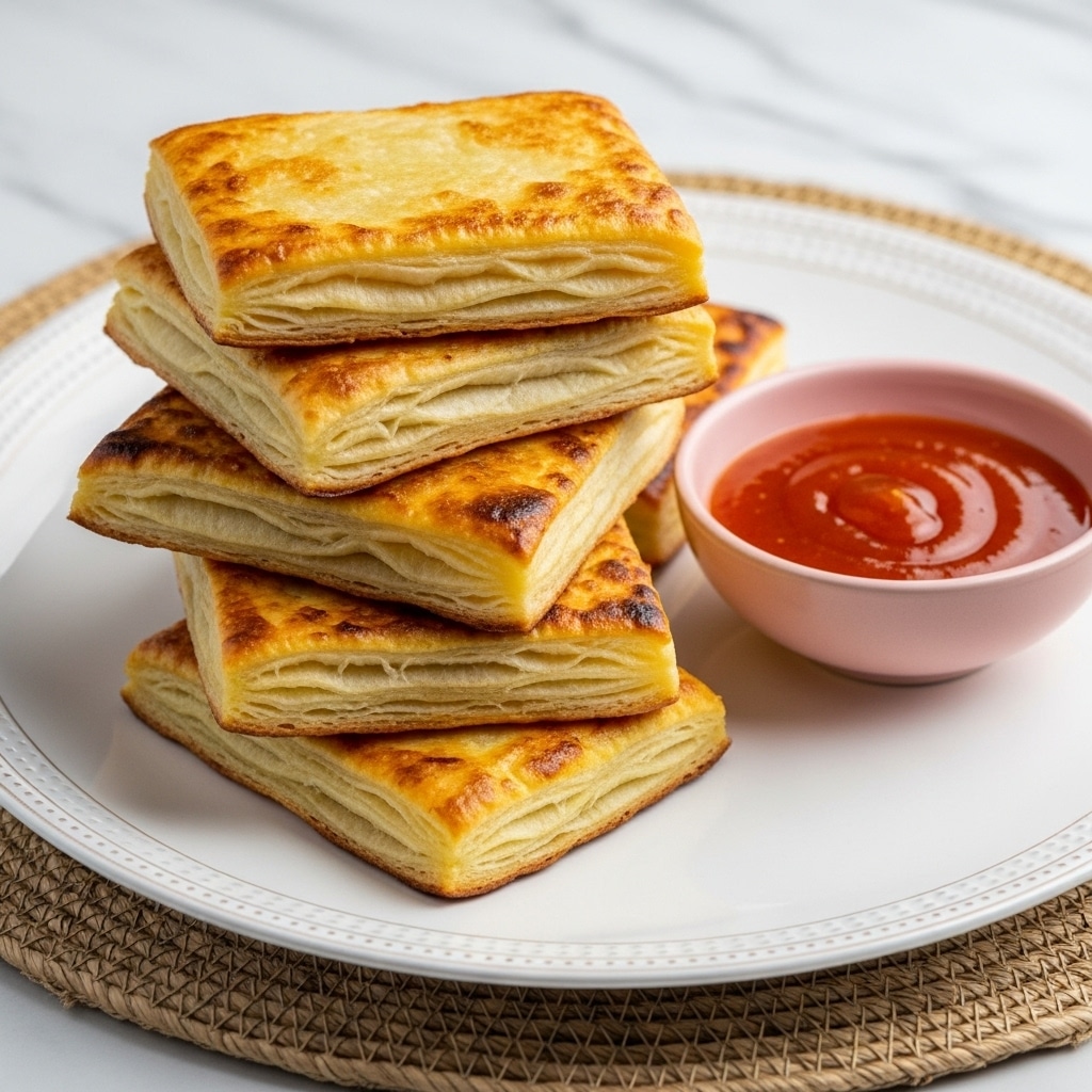 A stack of five rectangular golden-brown pastries with a flaky, crispy texture and slightly darker burnt edges sits on a white plate with a patterned rim. The puff pastry layers appear light and airy with a mix of smooth and uneven surfaces. To the right of the pastries, there is a small pink bowl filled with a bright, glossy orange-red dipping sauce. The plate is placed on a round woven mat with a white marbled surface underneath. photo taken with an iphone --ar 4:5 --v 7