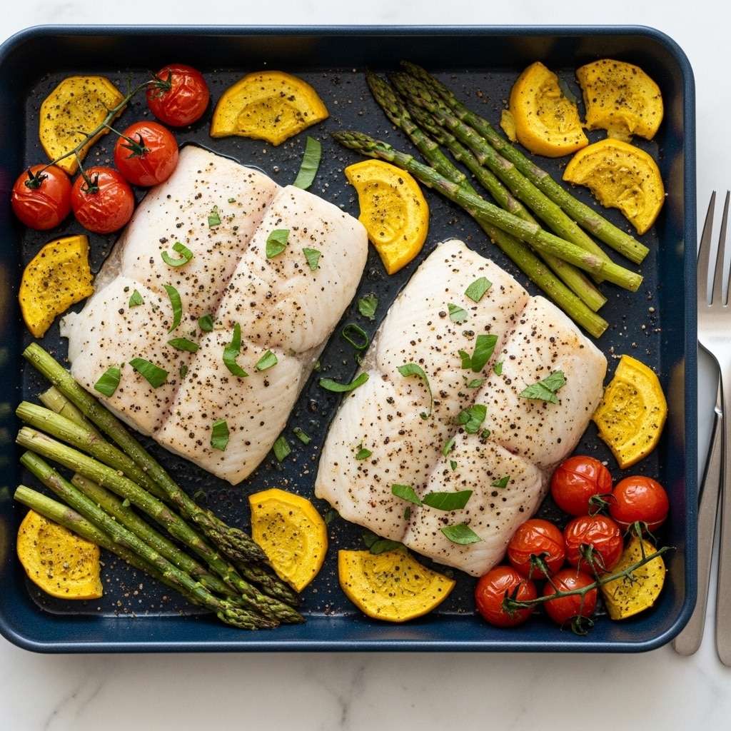 The dish shows two large, white fish fillets topped with cracked black pepper and fresh green herbs positioned in the center of a dark blue baking tray. Surrounding the fish are several bright yellow chunks of cooked squash, green asparagus stalks, and red cherry tomatoes. The vegetables have a grilled texture with slight browning and seasoning sprinkled over them. The dark blue tray rests on a white marbled surface with a fork partially visible on the right side. photo taken with an iphone --ar 4:5 --v 7