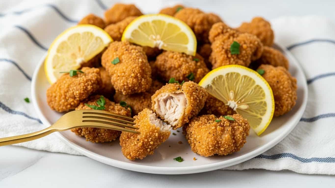 Small crispy golden brown fried chicken pieces form the main layer on a white plate, scattered unevenly with a rough, crunchy texture and sprinkled with small green herb bits. Among the chicken pieces, there are several bright yellow lemon wedges with white pith visible, adding a fresh contrast. A gold-colored fork picked up one piece of chicken near the middle of the plate, showing its crumbly texture. The scene is set on a white marbled surface covered partly by a soft-focus navy and white striped cloth. photo taken with an iphone --ar 4:5 --v 7