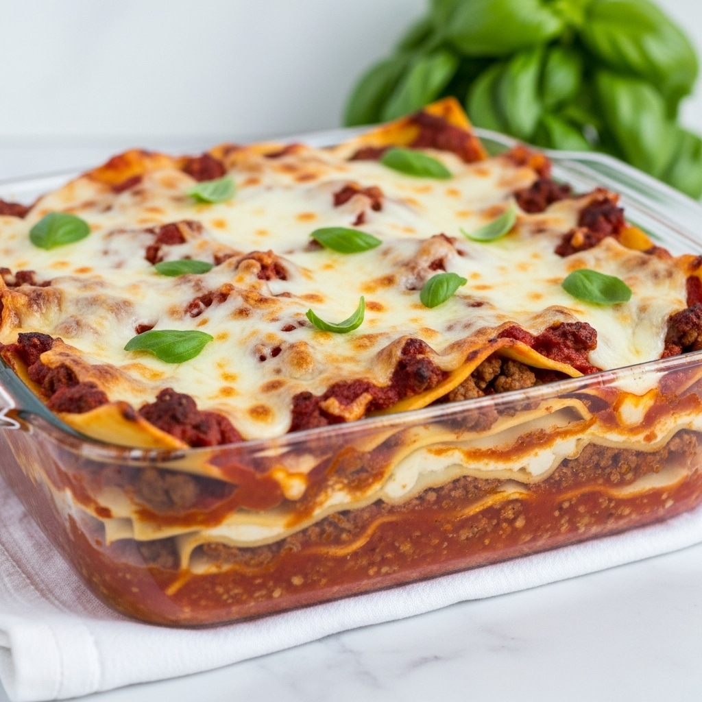 A clear glass dish contains a baked lasagna with multiple layers visibly packed inside. The bottom layer is thick with red tomato sauce mixed with ground meat, partly seen through the glass. Above this, there are wide flat pasta sheets covered by more red sauce and browned ground meat pieces. The top layer is generously covered with melted white cheese that has a slightly golden-brown tint in spots, sprinkled with small green basil leaves for color. The dish is set on a white cloth, all placed on a white marbled surface with a small bunch of fresh green basil in the background. photo taken with an iphone --ar 4:5 --v 7