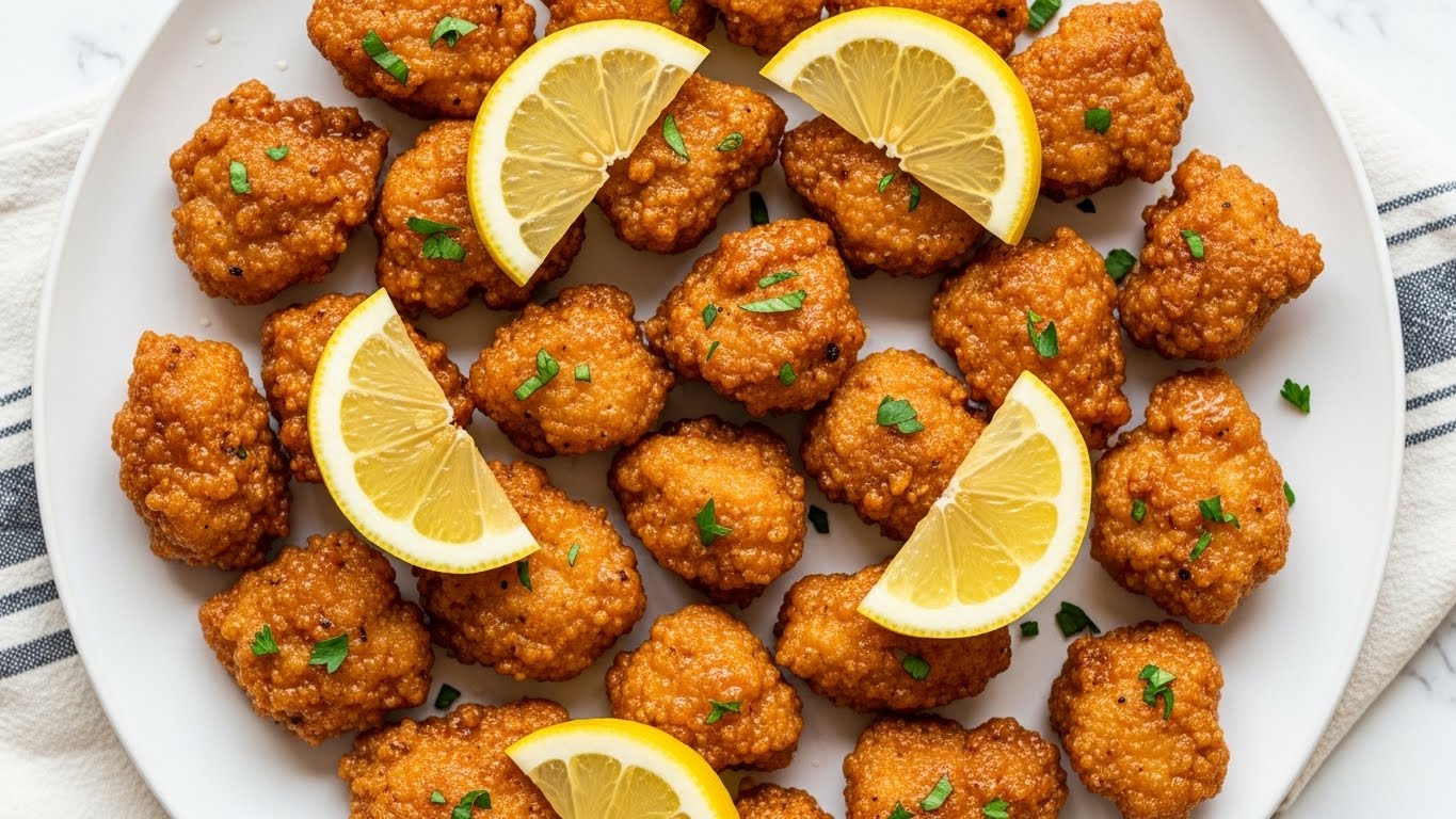 A white plate holds many pieces of golden-brown, crispy fried chicken bites scattered around. The pieces show a crunchy texture with a light glaze that makes them look shiny. Sprinkled on top are small bits of chopped green herbs. Four lemon wedges with a bright yellow color and visible juice droplets are placed evenly among the chicken, adding a fresh touch. The dish is photographed on a white marbled surface with a striped cloth partially visible on the side. photo taken with an iphone --ar 4:5 --v 7