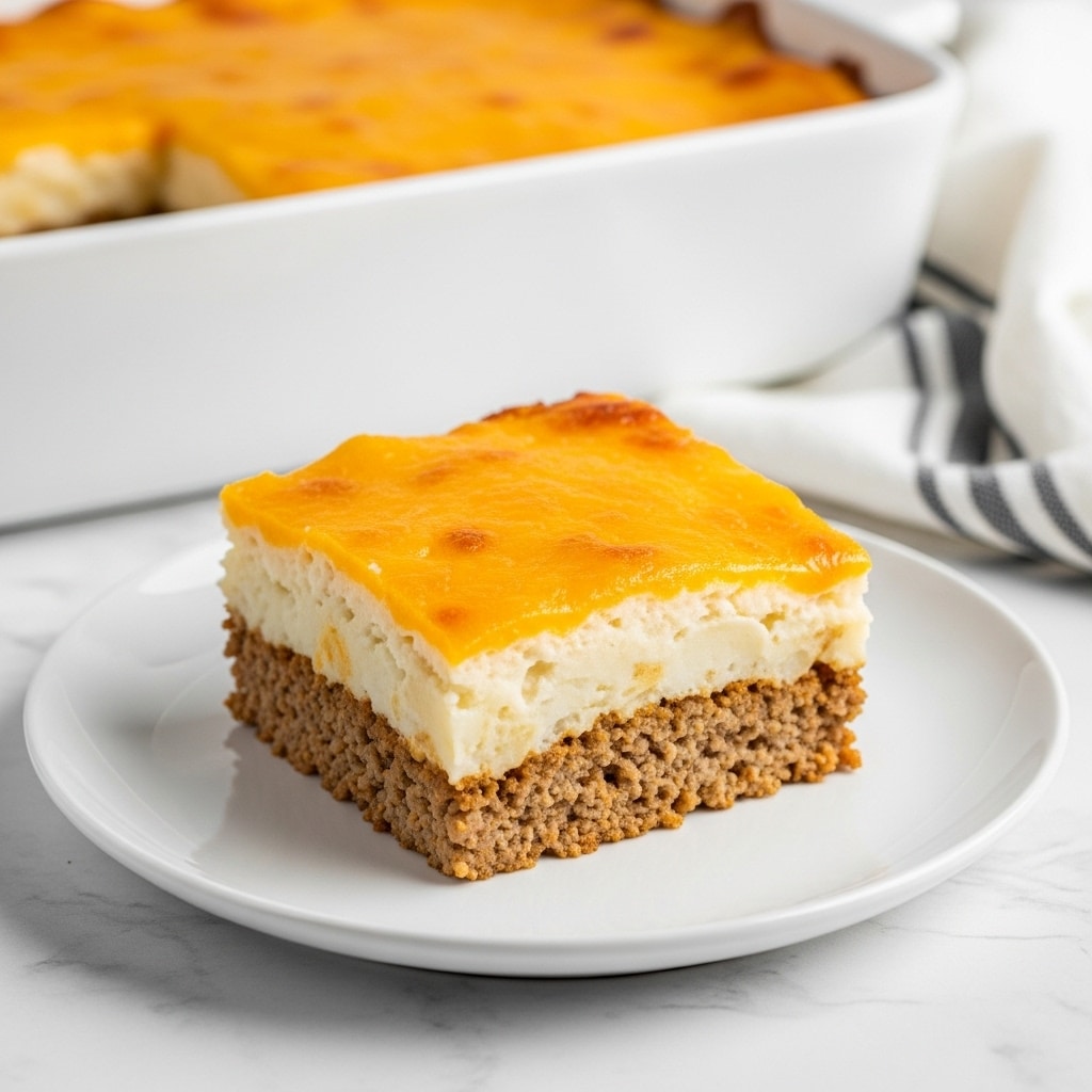 A single square slice of a baked casserole sits on a white round plate on a white marbled surface. The dish has three visible layers: a bottom layer of browned ground meat with a crumbly texture in a light brown color, a middle layer of creamy mashed potatoes in off-white tones, and a top layer of melted cheddar cheese in bright yellow-orange with browned bubbly spots. In the background is a white rectangular baking dish filled with the same casserole, slightly out of focus. A white and black striped cloth is placed nearby. photo taken with an iphone --ar 4:5 --v 7