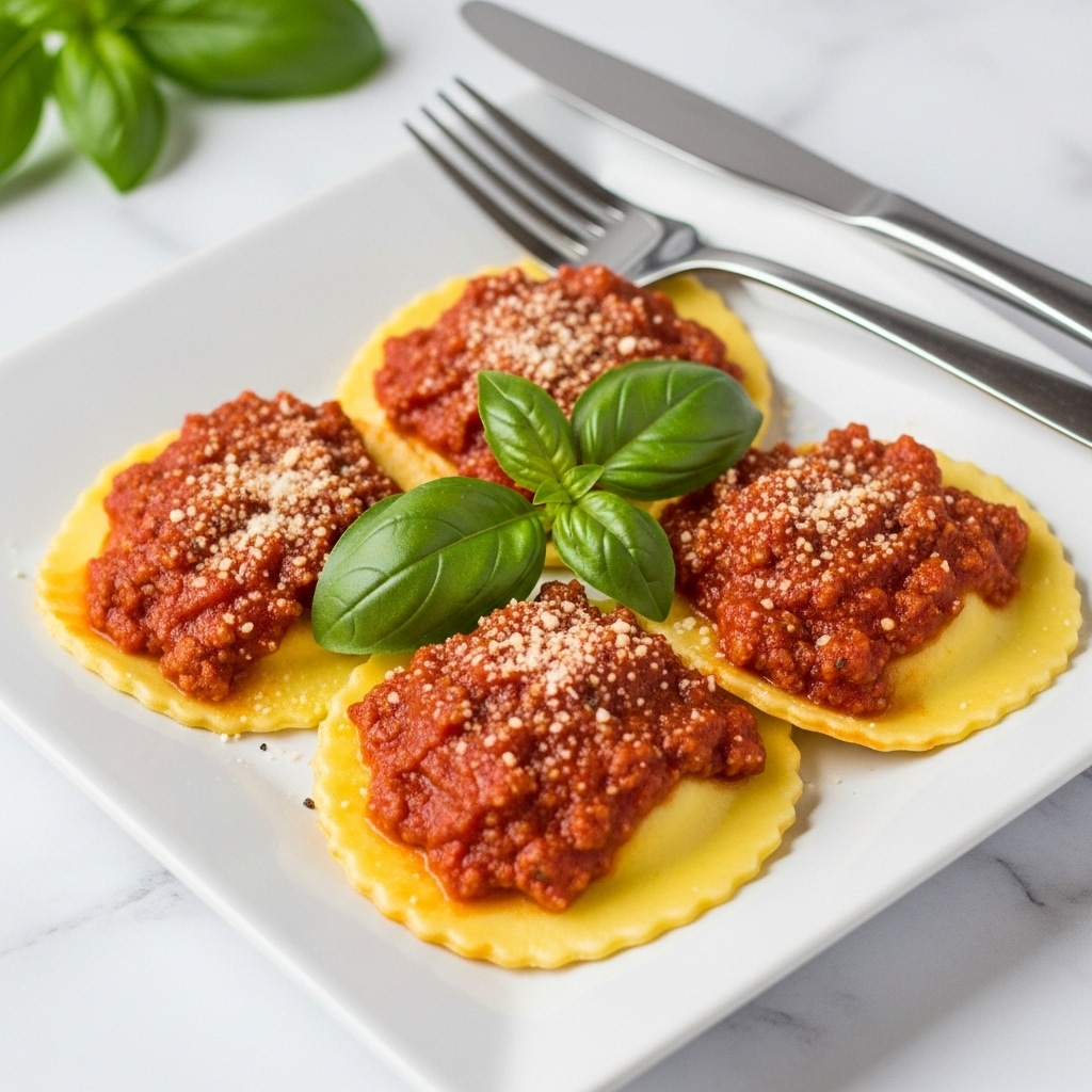 The image shows a white square plate holding four ravioli pieces covered in thick red meat sauce with visible small bits of ground meat, and a light sprinkle of grated cheese. The ravioli are golden yellow with a smooth, slightly shiny texture. On top of the ravioli is a small bunch of fresh green basil leaves. To the top right of the plate, there is a silver fork and knife resting parallel on the plate. The plate sits on a white marbled surface with a blurred green basil leaf in the background. photo taken with an iphone --ar 4:5 --v 7