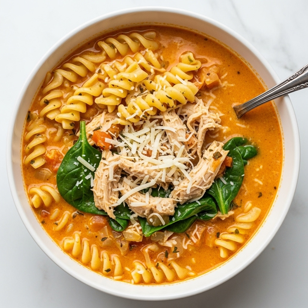 A white bowl filled with creamy orange pasta soup, showing about three layers: rotini pasta with a smooth spiral shape in a light yellow color, shredded chicken pieces scattered throughout in pale beige with some browned bits, and green spinach leaves adding a fresh touch. The soup broth is thick, orange with visible herbs and small bits of onion, creating a textured surface. Some grated white cheese is sprinkled on top, melting slightly into the warm soup. A silver spoon with an ornate handle rests inside the bowl on the right side. The bowl is placed on a white marbled surface. photo taken with an iphone --ar 4:5 --v 7