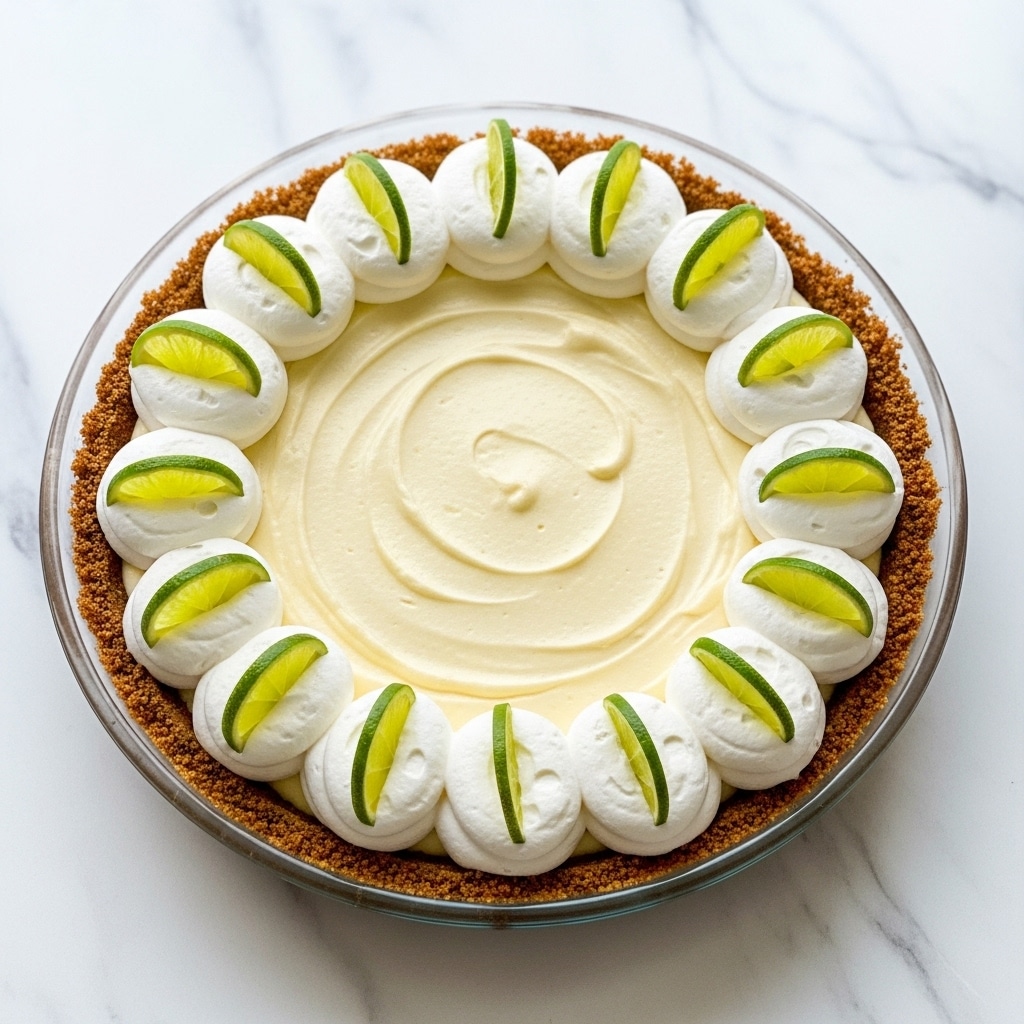 A round pie with a light brown crumbly crust forms the base, filled with a smooth, pale yellow layer of creamy filling. Around the edge of the filling, there is a ring of white whipped cream, topped with evenly spaced thin green lime wedges. The pie is in a clear glass pie dish resting on a white marbled texture. Photo taken with an iphone --ar 4:5 --v 7