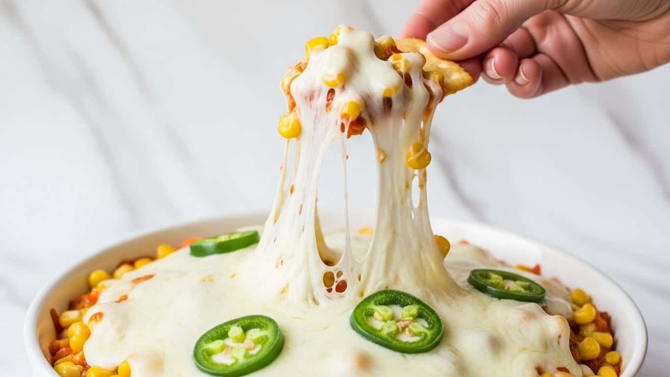 A close-up view of a warm cheesy dish in a white bowl, topped with stretchy melted white cheese being lifted by a woman's hand holding a cracker. The dish has layers including a base with yellow corn kernels and green jalapeño slices, covered by a thick layer of gooey, stringy white cheese that stretches down from the cracker to the dish below. The background is a smooth, white marbled texture. photo taken with an iphone --ar 4:5 --v 7