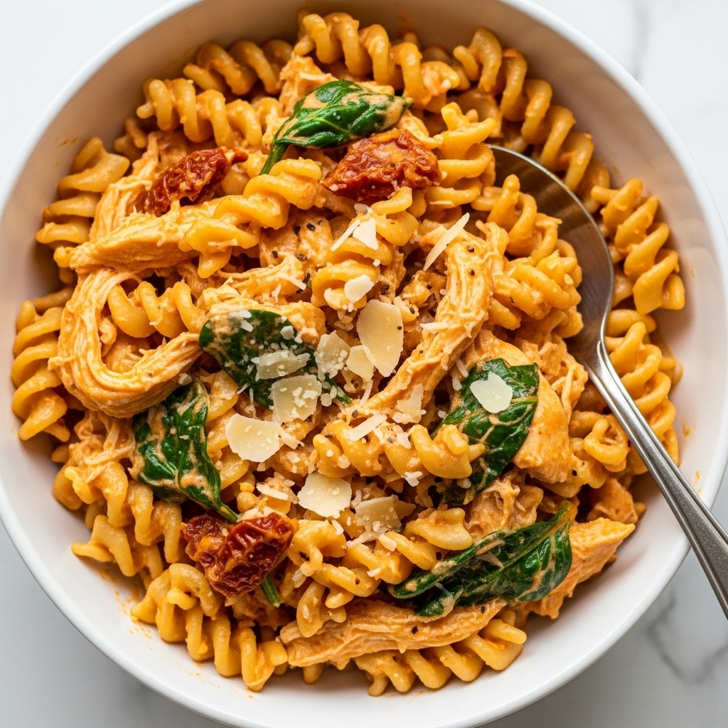The image shows a close-up of a white bowl filled with cooked rotini pasta mixed with shredded chicken and a creamy orange sauce. The sauce appears thick and smooth, coating each pasta piece, with bits of sun-dried tomatoes and small green spinach leaves spread evenly throughout. There are flakes of grated cheese sprinkled on top, adding a light contrast to the rich sauce. A silver spoon rests inside the bowl, partially submerged in the pasta. The bowl sits on a white marbled surface. photo taken with an iphone --ar 4:5 --v 7