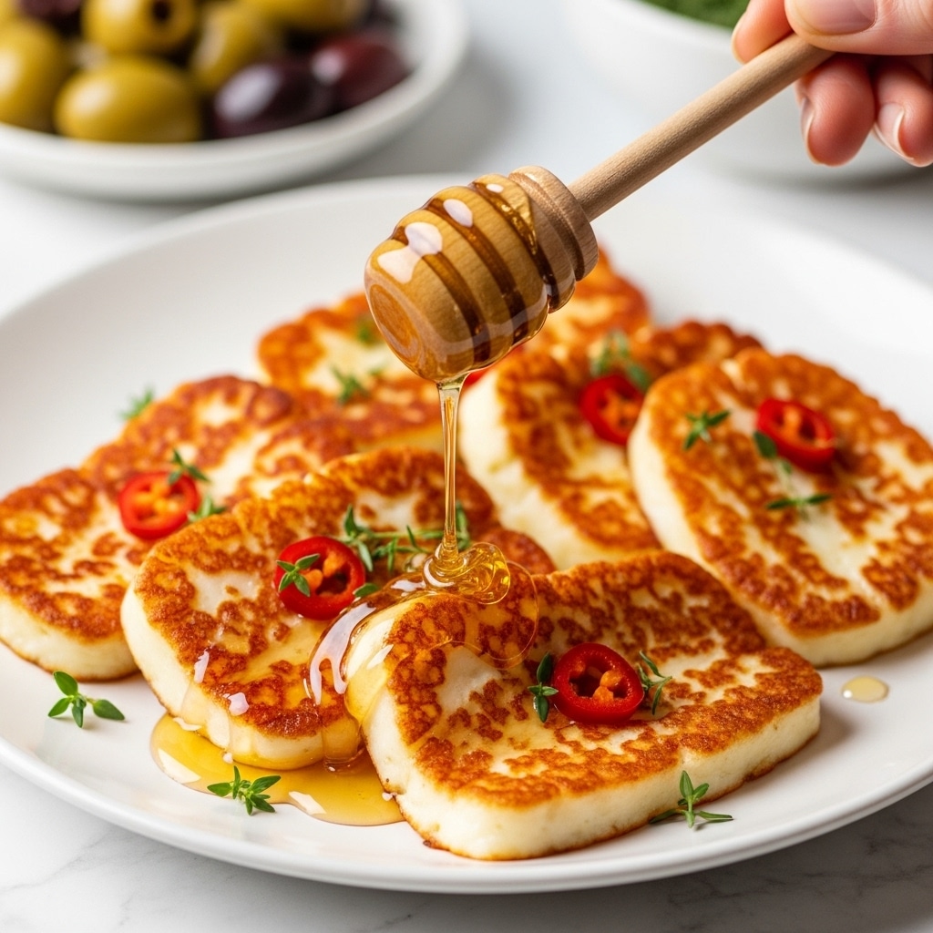 The image shows several golden-brown, pan-fried halloumi cheese slices arranged on a white plate with a few green herb sprigs on top. The cheese has a crispy, textured surface with reddish-brown char marks and is garnished with small red chili flakes. A wooden honey dipper held by a woman's hand drizzles thick, shiny golden honey over the cheese, creating a glossy layer that catches the light. In the background, there are blurred green and dark olives adding a touch of contrast. The dish is placed on a white marbled texture surface. photo taken with an iphone --ar 4:5 --v 7