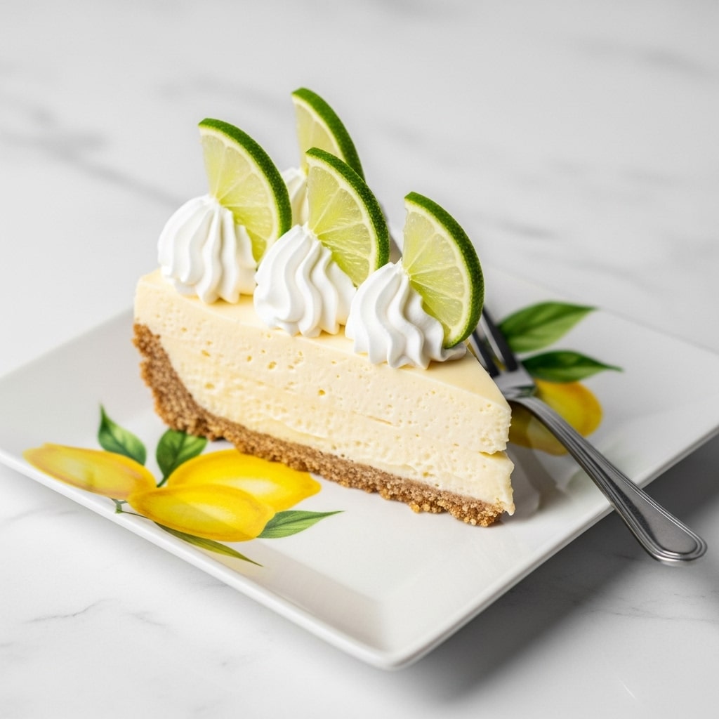 A single slice of key lime pie rests on a white square plate with a lemon pattern, placed on a white marbled surface. The pie has two visible layers: a light brown crumbly crust base, topped with a smooth, pale yellow creamy filling. Along the top edge, there are three dollops of white whipped cream, each decorated with a thin, vibrant green slice of lime that stands upright. A silver fork is positioned near the pie slice on the plate. photo taken with an iphone --ar 4:5 --v 7