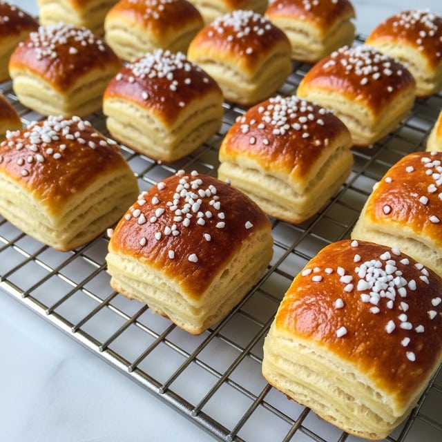 The image shows many small golden-brown baked pretzel bites on a wire cooling rack positioned over a white marbled surface. Each pretzel bite is square-shaped with a shiny, crisp crust covered with coarse white salt crystals. The pretzel bites have a layered texture visible at the sides, showing soft dough inside. The lighting highlights the warm tones of the baked crust, making them look fresh and appetizing. Photo taken with an iphone --ar 4:5 --v 7