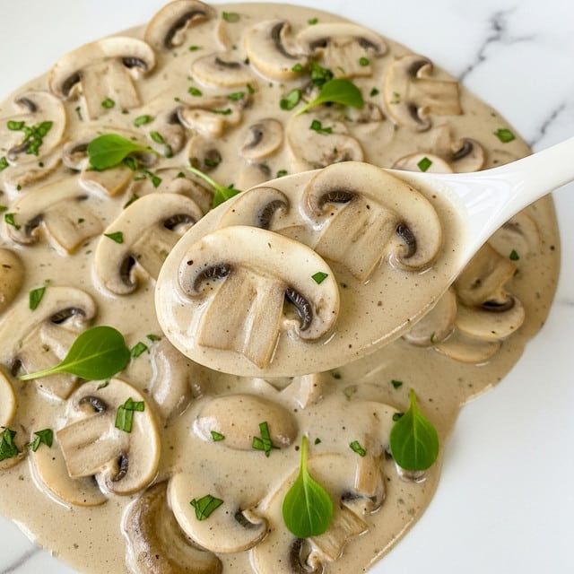 The image shows a creamy mushroom sauce with many light brown mushroom slices in a smooth, pale beige cream. The mushrooms are round and some pieces are whole slices, sitting evenly in the thick sauce. Small fresh green herb leaves are scattered on top, adding a fresh touch to the mostly soft and smooth texture. The spoon is white and filled with the sauce, lifting some mushrooms, with the white marbled background slightly visible around it. Photo taken with an iphone --ar 4:5 --v 7