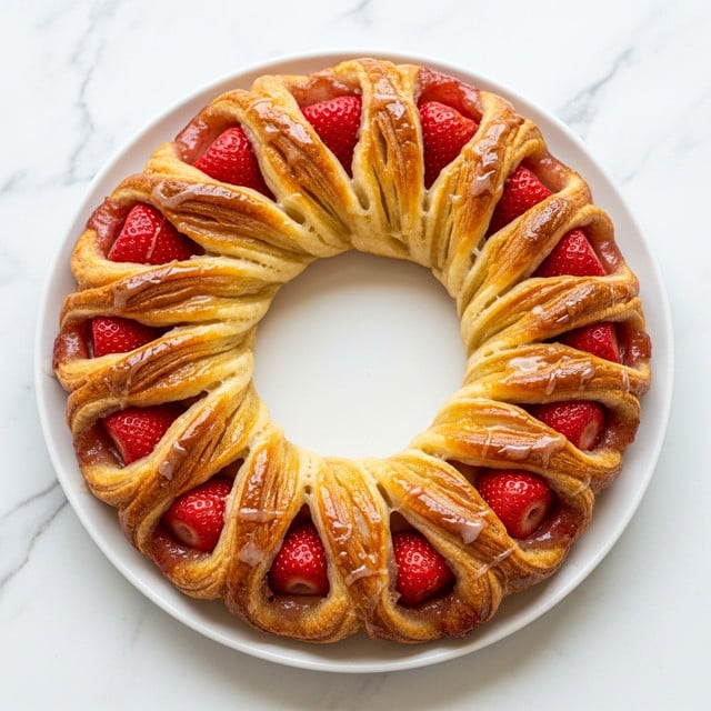 A golden-brown twisted pastry wreath on a white plate sits on a white marbled surface. The pastry is made of many thin, flaky layers seen spiraled and twisted around fresh, bright red strawberries peeking out through the dough. A shiny, thick glaze is lightly drizzled over the top, adding a glossy texture and making the dessert look fresh and sweet. Photo taken with an iphone --ar 4:5 --v 7