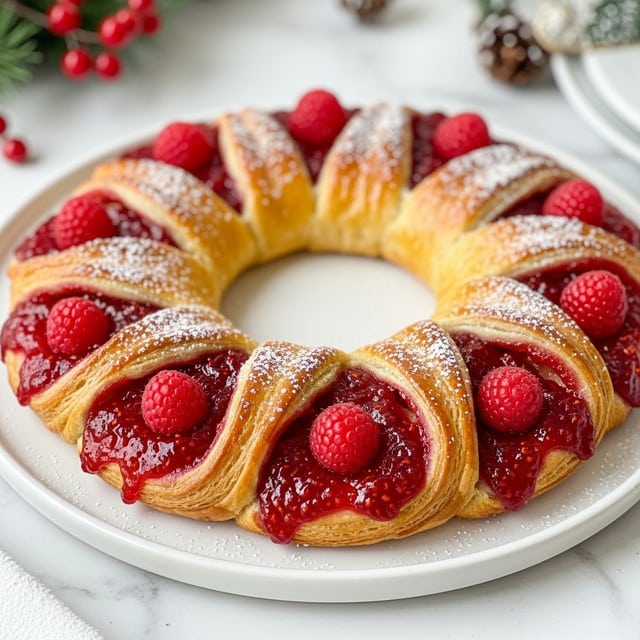 A round, braided pastry wreath on a white plate, made of golden-brown, flaky dough twisted into eight segments with each segment filled with vibrant red raspberry jam and topped with fresh, whole raspberries. The pastry glistens with a shiny glaze and is dusted lightly with powdered sugar, adding a soft white layer on top. The white plate sits on a white marbled surface with soft holiday decor blurred in the background. photo taken with an iphone --ar 4:5 --v 7