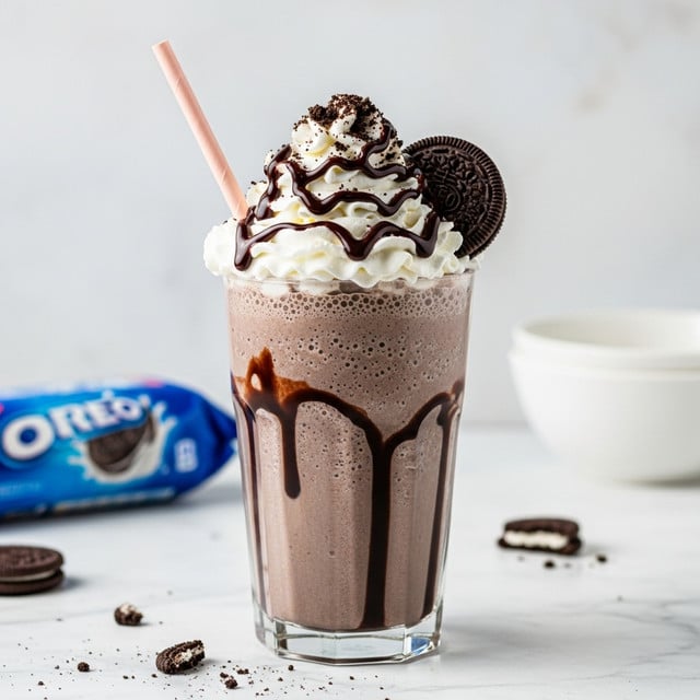A tall clear glass holds a thick dark brown Oreo milkshake, with tiny bubbles on its surface and rails of chocolate syrup dribbling down the sides. It is topped with a large white swirl of whipped cream, sprinkled with crushed Oreo cookies and drizzled with chocolate syrup. A whole Oreo cookie is tucked into the whipped cream on the right side, while a pale pink straw leans out diagonally from the left. The glass sits on a white marbled surface with some scattered cookie crumbs. In the background, there is an opened blue Oreo package and a white bowl against a light textured wall. photo taken with an iphone --ar 4:5 --v 7