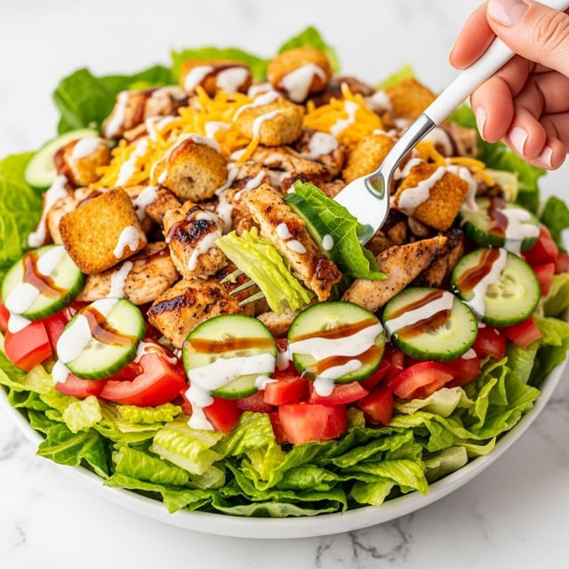 A close-up image of a layered salad in a white bowl, showing the bottom layer with green romaine lettuce leaves, followed by bright red tomato chunks and fresh cucumber pieces. On top, there are crispy brown croutons and slightly melted shredded yellow cheese scattered around. Some pieces of grilled chicken with a light brown, slightly charred texture are visible mixed in. The salad is lightly drizzled with creamy white and dark brown dressings. A woman's hand holds a white fork scooping some of the salad. The entire scene is set against a white marbled texture. photo taken with an iphone --ar 4:5 --v 7