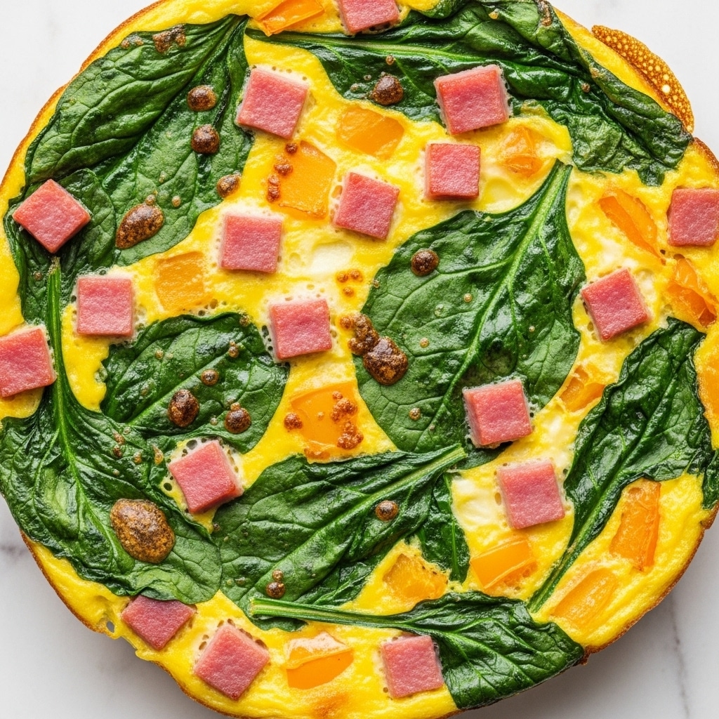 A close-up view of a cooked frittata showing three main layers mixed together: a bright yellow egg base, scattered pink cubes of ham, and pieces of vibrant green spinach leaves evenly spread throughout. The surface has some small brown spots from cooking, adding texture. The frittata includes chunks of orange-yellow bell pepper, adding more color contrast. The whole dish is shown on a white marbled surface. photo taken with an iphone --ar 4:5 --v 7