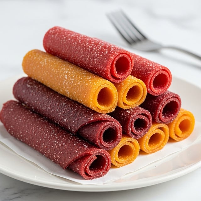 A white plate holds a stack of rolled fruit leather pieces, arranged in two layers. The bottom layer has five rolls with deep red and bright orange colors, showing a slightly translucent, sugar-coated texture. The top layer has three rolls, one bright orange and two deep red, all glistening with a fine sugary surface and slightly rough texture. The rolls are hollow, with smooth, rounded edges, and rest on a piece of white paper on the plate. A fork is blurred in the background, placed on a white marbled surface. photo taken with an iphone --ar 4:5 --v 7