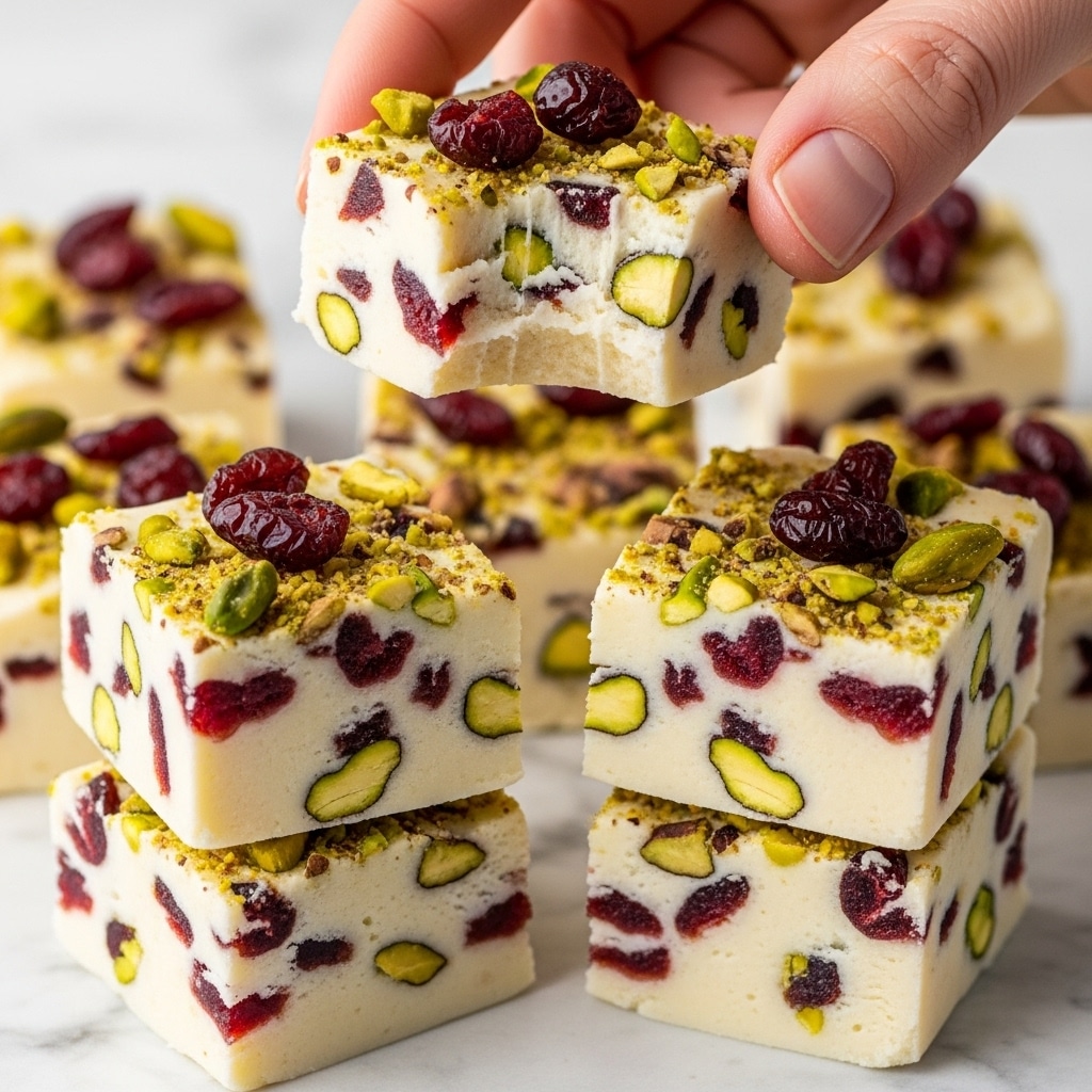 The image shows several small square pieces of white fudge stacked closely. Each piece has a smooth, creamy white base with visible mix-ins of deep red dried cranberries and green pistachio nuts, creating a speckled effect throughout. One piece is held slightly above the others by a woman's hand, showing a bite taken from it, revealing the dense, soft texture inside. The top of the fudge pieces is sprinkled with extra chopped pistachios and dried cranberries, adding a crunchy texture and colorful contrast. All pieces rest on a surface with a white marbled texture. photo taken with an iphone --ar 4:5 --v 7