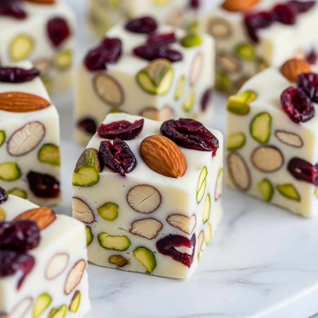 The image shows small square pieces of white fudge filled with nuts and dried cranberries evenly spread throughout. Each piece has a smooth white base with visible chunks of pistachios, almonds, and dark red cranberry bits both inside and on top, adding contrasting green and deep red colors. The fudge squares are placed close to each other on a white marbled textured surface with a soft focus on the background squares. Photo taken with an iphone --ar 4:5 --v 7