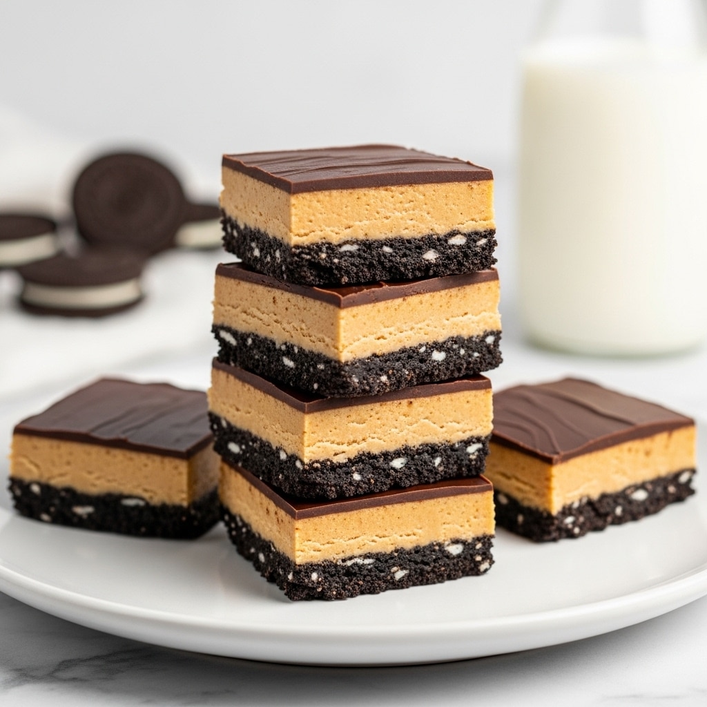 The image shows five square dessert bars stacked on a white plate with a white marbled texture surface. Each bar has three clear layers: the bottom layer is dark, crumbly, and dense like a cookie crust; the middle layer is thick, smooth, and light brown like peanut butter filling; the top layer is a thin, shiny, and dark chocolate coating. The bars have clean edges showing the layers well, and the background features a glass of milk and some milk-filled cookies blurred out. The photo taken with an iphone --ar 4:5 --v 7