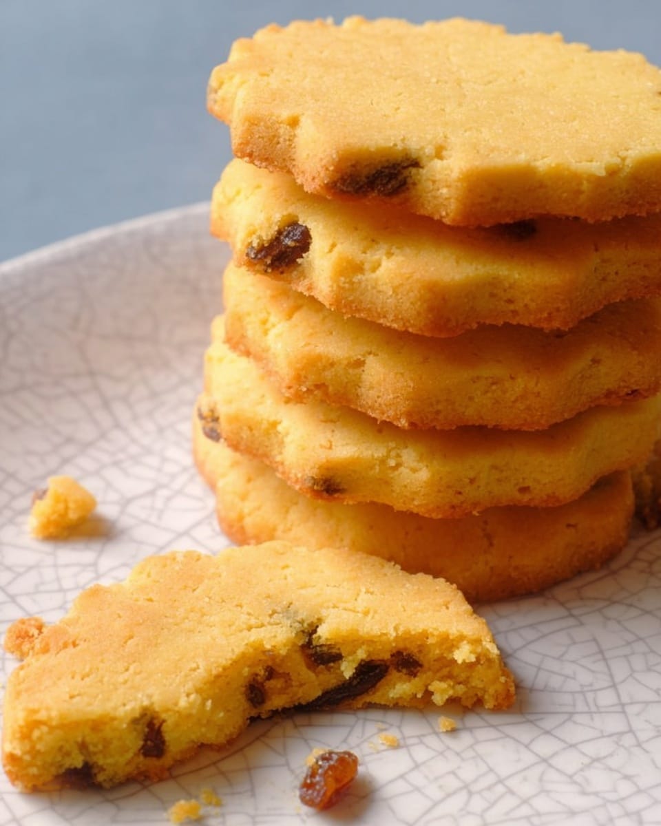 The image shows a close-up of a stack of five round, golden-yellow cookies with scalloped edges on the left. To the right, there is a single cookie with a bite taken out of it, showing a soft and crumbly texture with a few dark spots of baked raisins or currants. Small crumbs and a tiny broken cookie piece are scattered around the bitten cookie, all placed on a white plate with a subtle cracked pattern. The background is a white marbled surface. Photo taken with an iphone --ar 4:5 --v 7