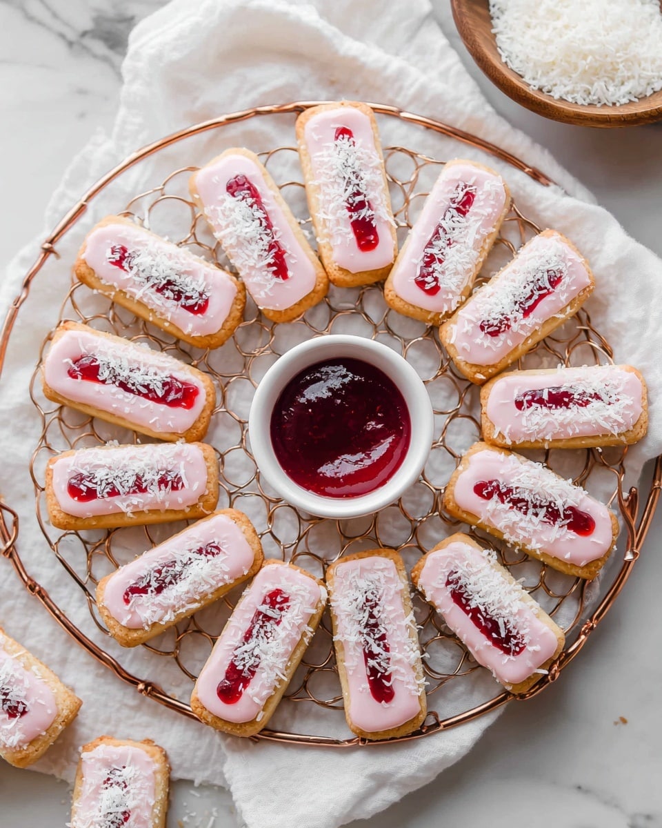 A round copper cooling rack holds about fifteen rectangular cookies arranged in a circle, each cookie topped with a smooth layer of pale pink icing, a thick vertical stripe of glossy red jam in the middle, and a dusting of white shredded coconut on top of the icing but around the jam. In the center of the rack, there is a small white bowl filled with more red jam. The rack sits on a white marbled surface covered partially by a soft white cloth. Nearby, there is a small wooden bowl filled with shredded coconut. photo taken with an iphone --ar 4:5 --v 7