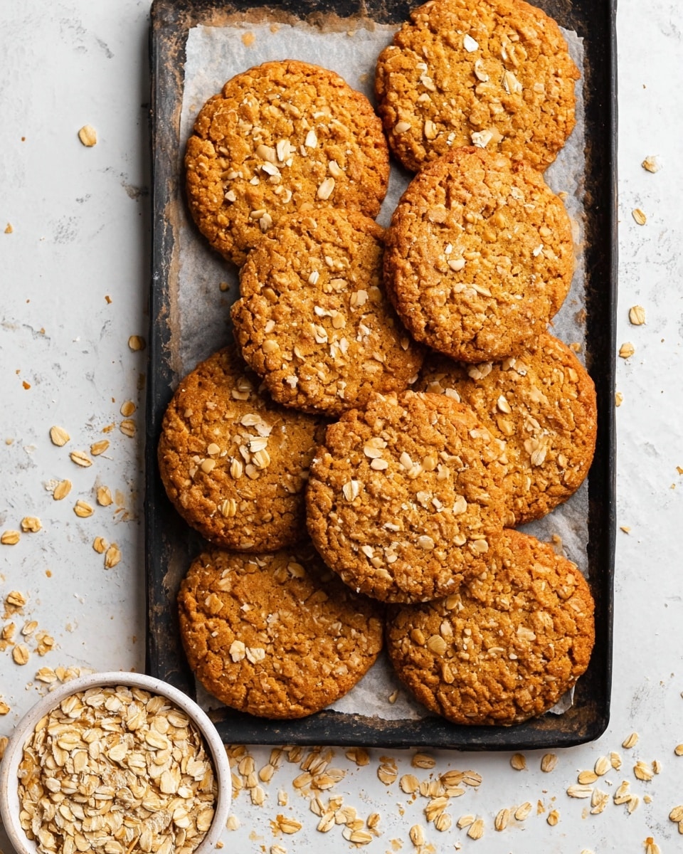 Several round oatmeal cookies with a golden brown color sit closely together on a black baking tray lined with parchment paper. Each cookie has a slightly cracked surface texture with visible oat flakes scattered across the top. To the lower left of the tray, there is a small white bowl filled with raw oats. Around the tray and on the white marbled surface beneath, loose oat flakes are scattered, adding a natural touch. The overall look is warm and inviting, with the cookies appearing soft yet a bit chewy. Photo taken with an iphone --ar 4:5 --v 7
