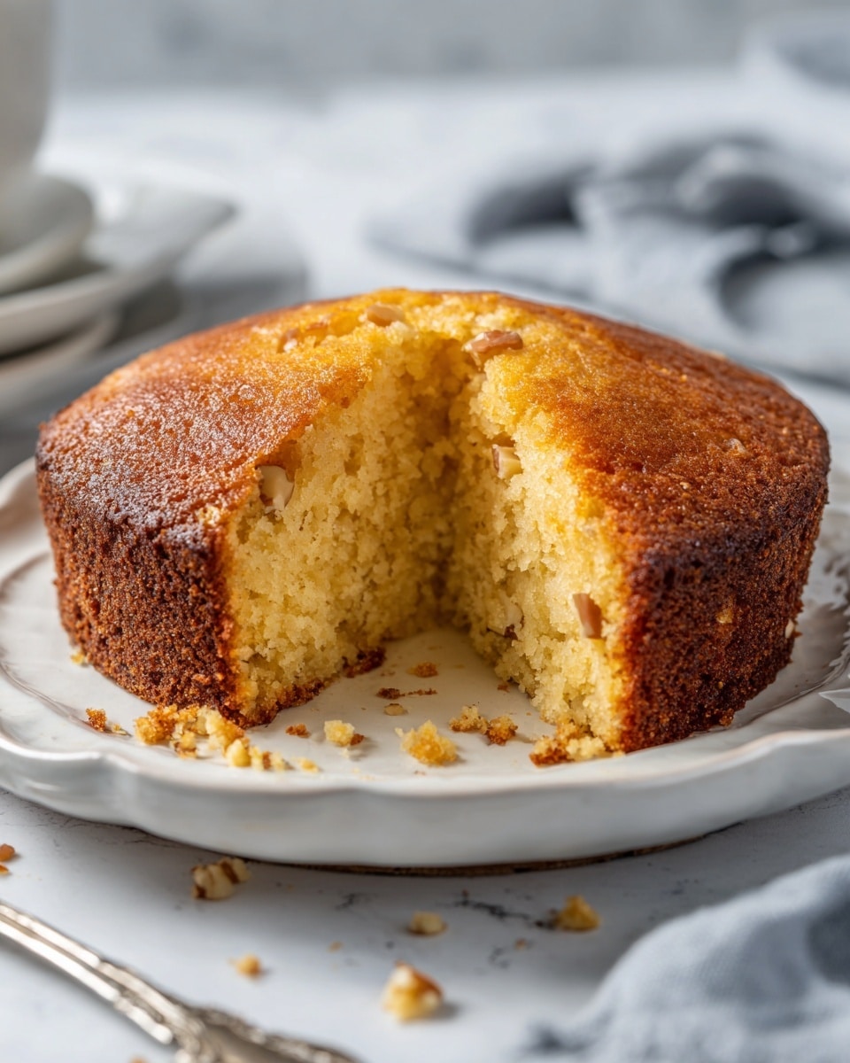 A close-up image of a single slice of brown cake with a crumbly texture and visible small dark specks and nut pieces inside. The cake slice has one thick layer with a slightly darker brown crust on top, dusted lightly with white powdered sugar. It is placed on a white plate decorated with a delicate gold dot pattern and a golden fork lying beside the cake. The background is a white marbled texture. photo taken with an iphone --ar 4:5 --v 7