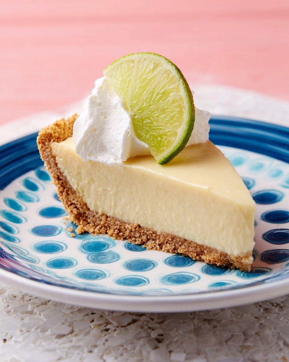 A slice of key lime pie with three visible layers: a crumbly light brown crust at the bottom, a smooth pale yellow filling in the middle, and a fluffy white whipped cream topping. A thin green lime slice is placed on top of the whipped cream. The slice is served on a white plate with blue circular patterns, set against a soft pink background and a white marbled texture surface. photo taken with an iphone --ar 4:5 --v 7
