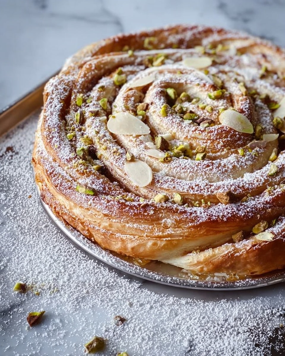 The image shows a spiral-shaped pastry on a silver baking tray, placed on a white marbled surface. The pastry has multiple layers of golden brown dough rolled tightly in a circular pattern, dusted lightly with powdered sugar. Thin, off-white almond slices and small green pistachio pieces are scattered on top, adding texture and color contrast. Some powdered sugar and nuts have spilled onto the baking tray and the surrounding surface, enhancing the rustic look. The pastry appears soft yet crispy around the edges with a slightly uneven, handmade shape. photo taken with an iphone --ar 4:5 --v 7