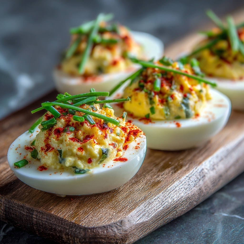 Deviled Eggs with Green Olive Garnish Recipe - Recipe Image