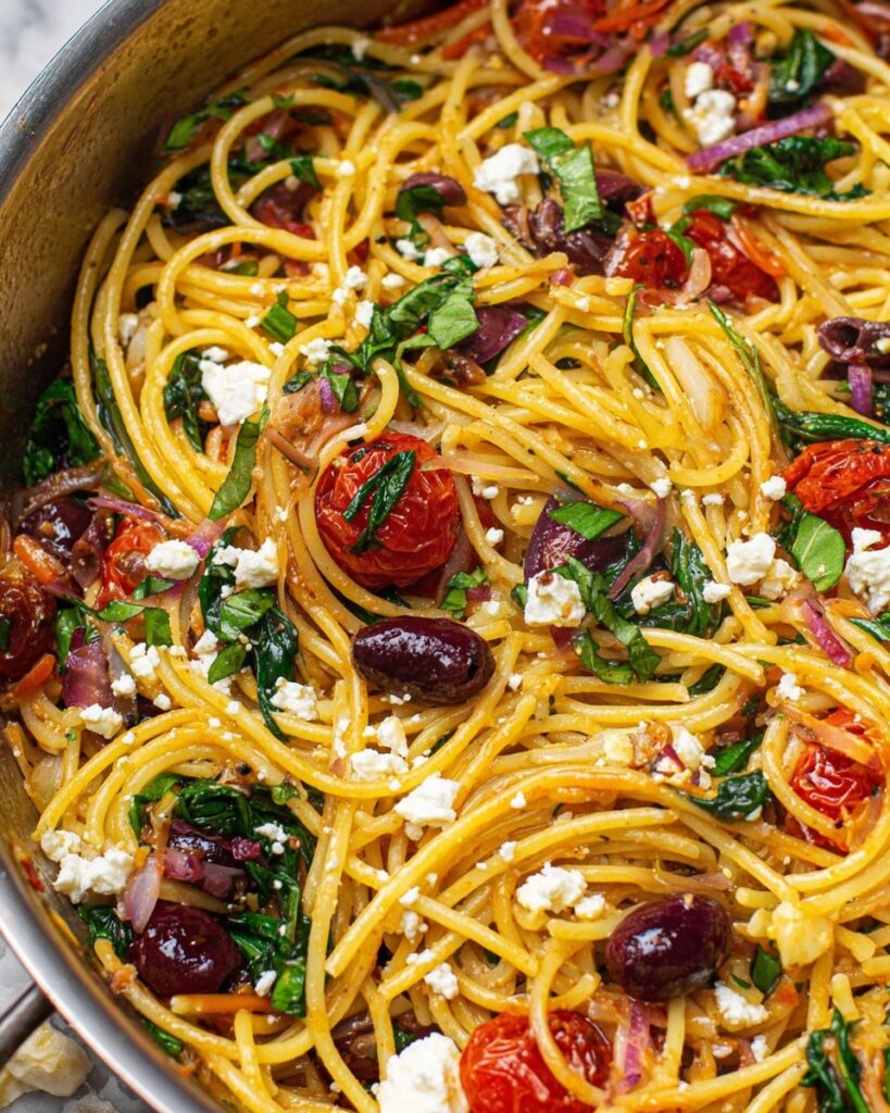 Greek Spaghetti with Cherry Tomatoes, Kalamata Olives, and Feta Recipe
