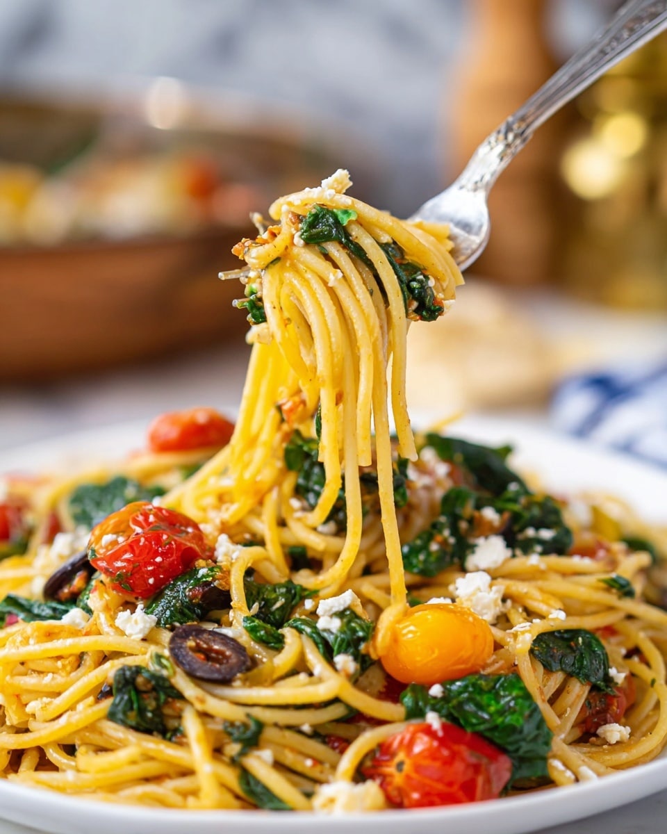 Greek Spaghetti with Cherry Tomatoes, Kalamata Olives, and Feta Recipe - Recipe Image