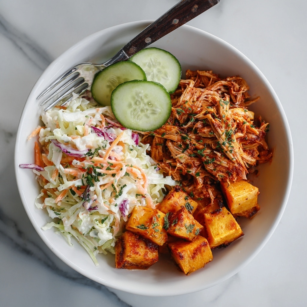 BBQ Chicken Bowls with Sweet Potatoes, Coleslaw, and Pickles Recipe - Recipe Image