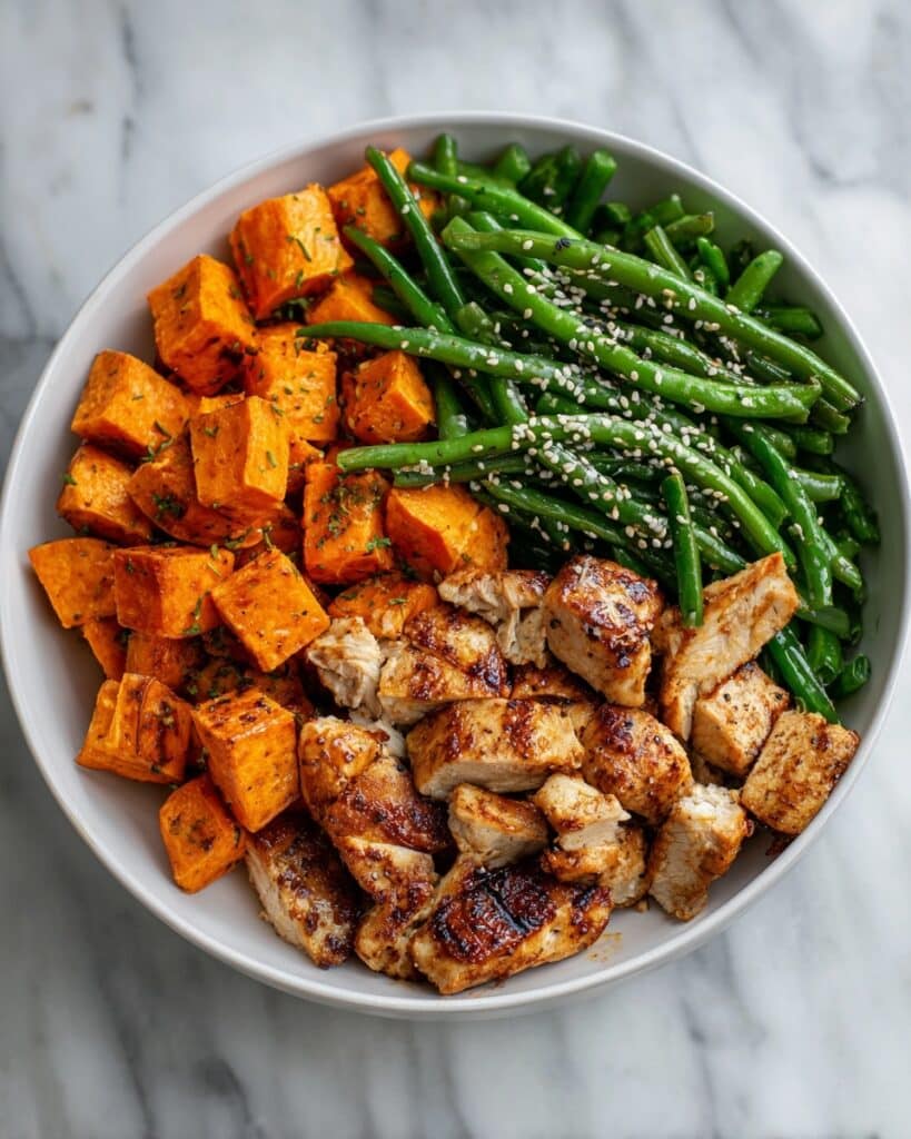 Honey Garlic Chicken with Roasted Sweet Potatoes and Green Beans Recipe